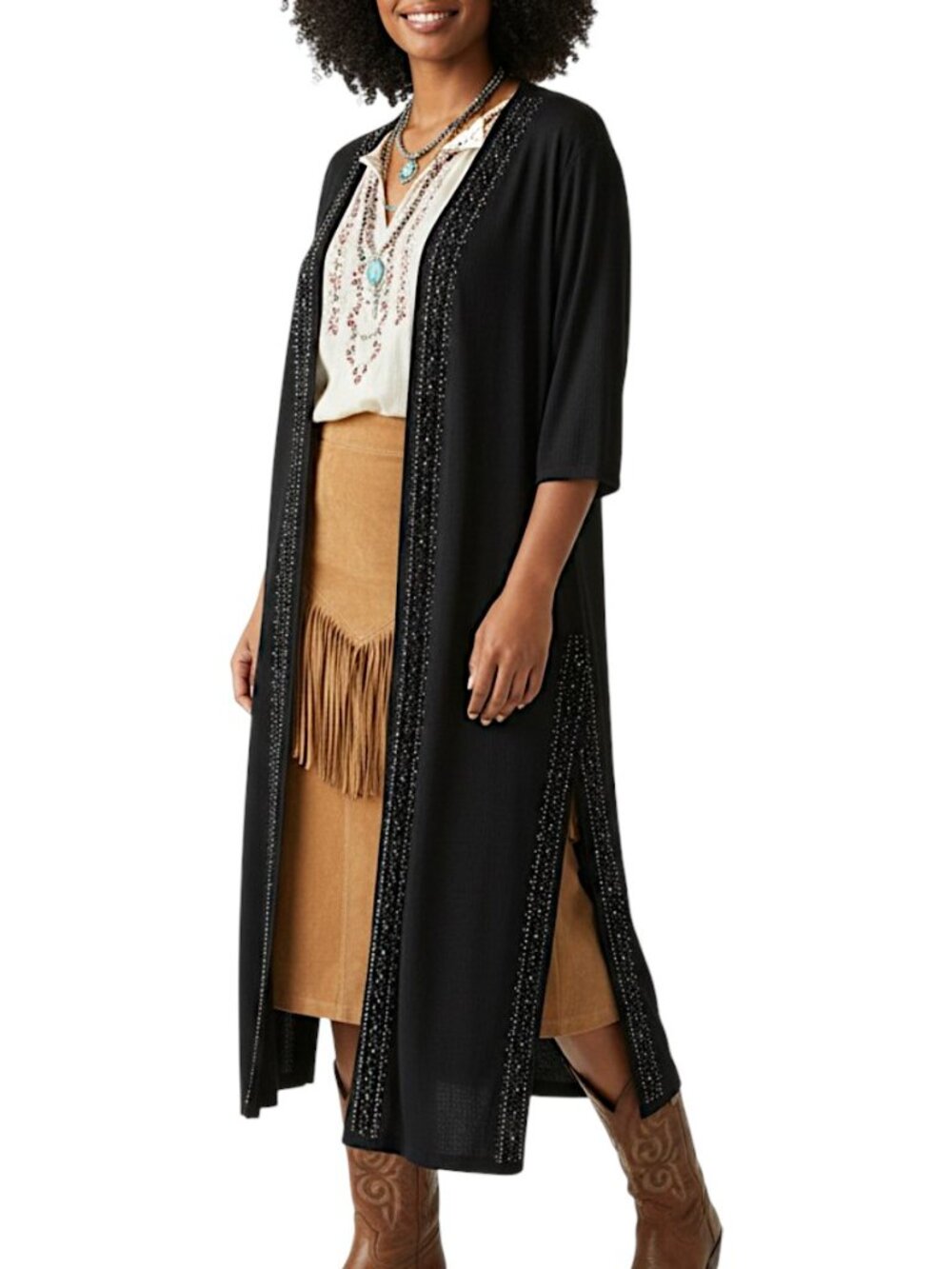 Vocal Black Ribbed Rhinestone Long Cardigan Women's Size 1XL